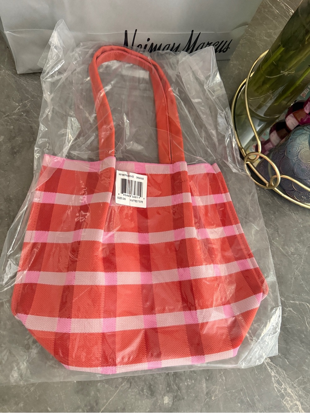 NEW! Coral and Pink Plaid Knitted Tote Bag from Beach bag from Neiman Marcus